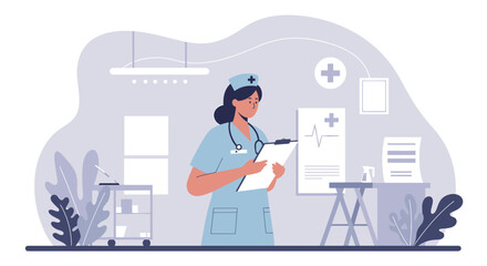 A healthcare professional, depicted in a flat design illustration, reviews medical charts within a modern, clean, and well-lit hospital room setting with a focus on patient care and medical