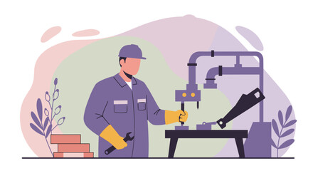 a worker in a blue uniform and hard hat operating a machine with various tools. Suitable for landing page, banner, marketing, web design, presentation, infographic, etc.