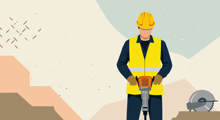 Construction worker in yellow hard hat and safety vest operates a jackhammer, illustrating industrial progress and urban development projects.