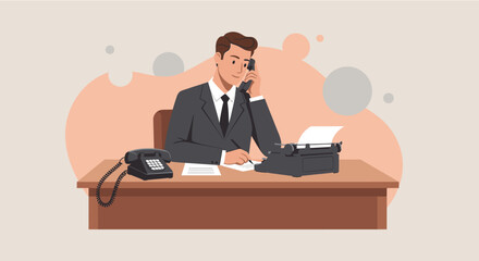 a man in a suit seated at a desk, engaged in a phone conversation while working on a typewriter. Suitable for landing page, banner, marketing, web design, presentation, infographic, etc.