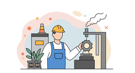 An illustration depicts a factory worker in a hard hat adjusting machinery in a modern industrial setting, complete with stylized plant pots, representing growth and innovation.