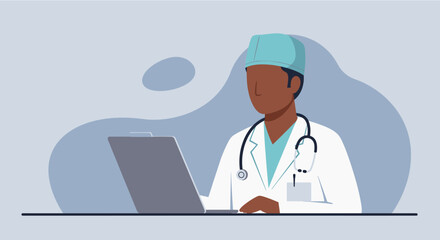 a doctor in a white coat and cap, seated at a desk and using a laptop, with a stethoscope around their neck. Suitable for landing page, banner, marketing, web design, presentation, infographic, etc.
