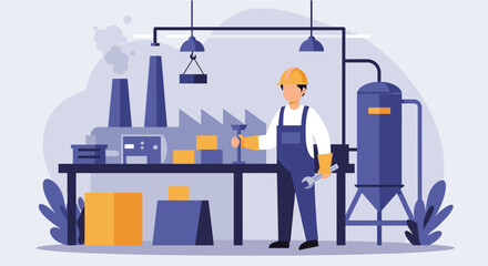 Flat design illustration of a factory worker in a modern industrial plant, showcasing manufacturing and production processes.