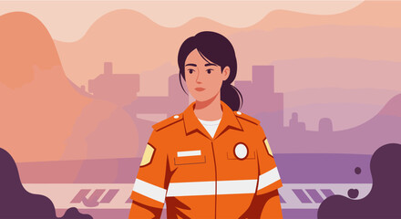 A determined female paramedic stands confidently against a backdrop of a stylized cityscape, ideal for marketing materials and web design projects with a modern flat design. © Flatify Studio