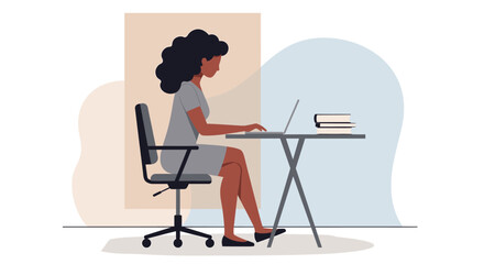 a woman sitting at a desk, working on a laptop with a stack of books beside her. Suitable for landing page, banner, marketing, web design, presentation, infographic, etc.