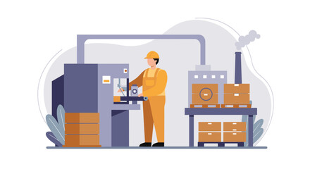 A flat design illustration depicting a factory worker operating machinery in a modern industrial production facility, suitable for business presentations.
