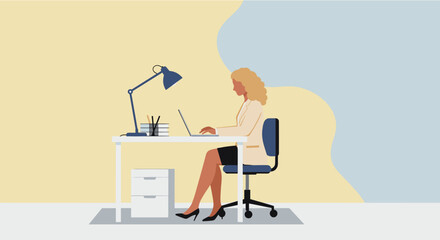 a woman sitting at a desk, working on a laptop with a lamp on the desk and a stack of books beside her. Suitable for landing page, banner, marketing, web design, presentation, infographic, etc.
