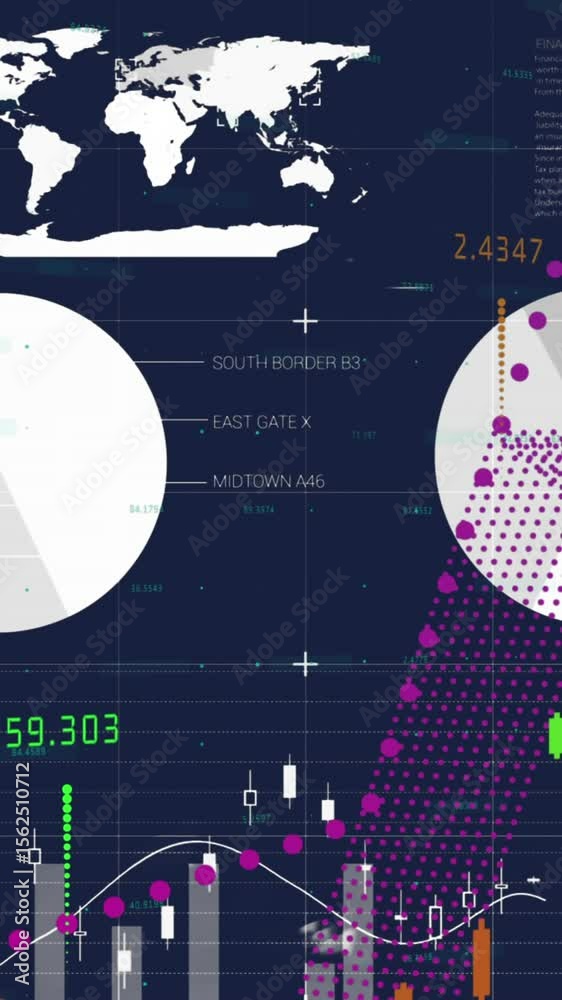 Poster animation of multicolored graphs with changing numbers over infographic interface
