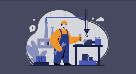 A male industrial worker in a hard hat and overalls performs maintenance tasks at a workbench within a modern factory setting, depicted in a flat design style.