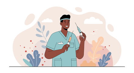 Friendly smiling male nurse holds two syringes, ready for vaccination or injection, in flat design style, suitable for medical websites, banners, and presentations.