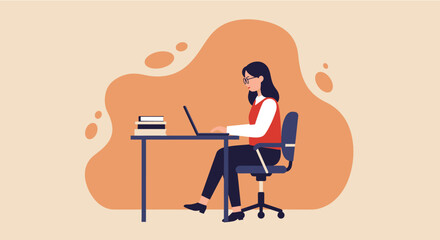 a woman seated at a desk, engrossed in work on a laptop, surrounded by a stack of books. Suitable for landing page, banner, marketing, web design, presentation, infographic, etc.
