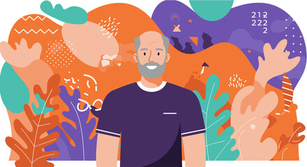 Modern flat design illustration of a smiling businessman for a marketing landing page or business presentation with abstract background.