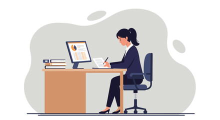 Businesswoman working on a marketing presentation at her desk, using a computer and taking notes; flat design illustration ideal for landing page banners, websites, and web design projects.
