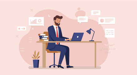 Modern flat design illustration of a businessman working on his laptop at his desk, perfect for landing page banners, marketing presentations, and web design projects.