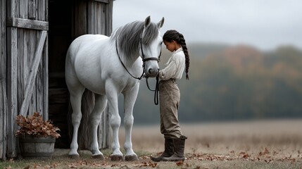 Teenage girl grooming horse at stable