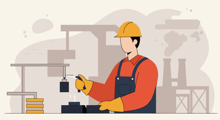 An illustration depicts a factory worker in a yellow hard hat and gloves, operating machinery within an industrial setting, showcasing manufacturing and production processes.