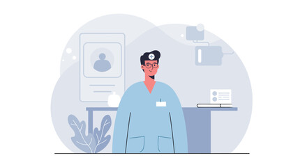 a doctor in a blue uniform, standing in front of a desk with a laptop and plant. Suitable for landing page, banner, marketing, web design, presentation, infographic, etc.