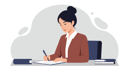 a woman sitting at a desk, focused on writing on a piece of paper, with a laptop and books in the background. Suitable for landing page, banner, marketing, web design, presentation, infographic, etc.