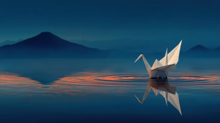 Serene Reflection: A paper crane floats gracefully on a tranquil body of water, mirroring the soft hues of a dusky sky and distant mountains, inviting a sense of calm contemplation.