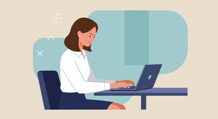 a woman seated at a table, focused on her laptop, with a neutral background and geometric shapes. Suitable for landing page, banner, marketing, web design, presentation, infographic, etc.