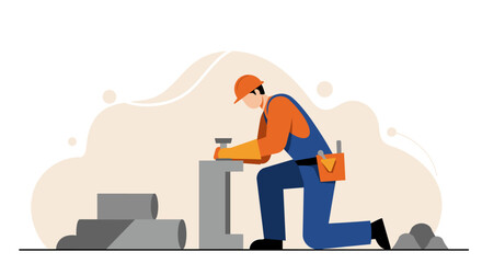 a construction worker kneeling and using a tool, with a backdrop of pipes and a cloud-like shape. Suitable for landing page, banner, marketing, web design, presentation, infographic, etc.