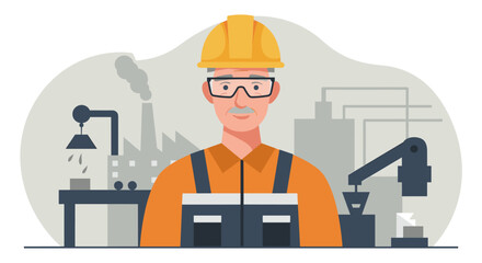 a man wearing a hard hat and glasses, standing in front of a factory backdrop with industrial equipment. Suitable for landing page, banner, marketing, web design, presentation, infographic, etc.