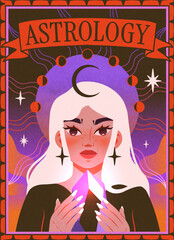 Astrology and magic. Postcard or poster with girl holding magic crystal against background of sun and moon phases. Horoscope according to zodiac sign. Tarot and Witchcraft. Flat vector illustration