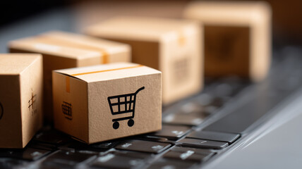Tiny cardboard parcels printed with shopping cart logos scatter across a laptop keyboard, representing efficient e-commerce fulfillment, online order processing, and digital retail logistics.
