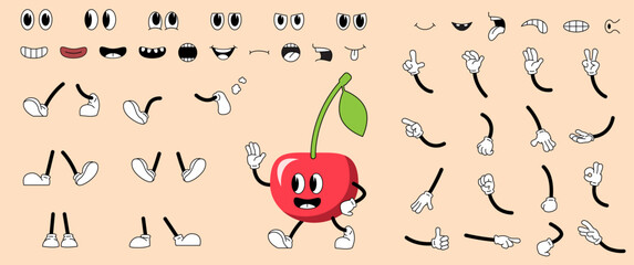 Vintage Cartoon Mascot Set. Retro cherry character with different facial expressions, arms, legs, eyes and emotions. Design for animation. Flat vector illustration collection isolated on background © Rudzhan