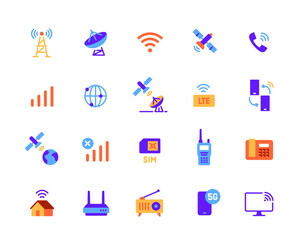 Set of icon related to communications. Colorful signs with internet, satellites, wifi, smartphone, tv and wireless network connection. Flat vector illustration collection isolated on background
