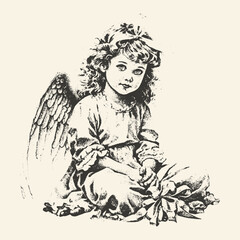 A vintage angelic girl with soft curls and delicate wings sits peacefully, holding a ribbon, exuding innocence and serenity in a monochrome sketch style.