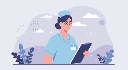 a nurse standing against a backdrop of clouds and plants, holding a clipboard and wearing a cap. Suitable for landing page, banner, marketing, web design, presentation, infographic, etc.