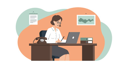 a woman sitting at a desk with a laptop, telephone, and binders, suggesting a professional office setting. Suitable for landing page, banner, marketing, web design, presentation, infographic, etc.