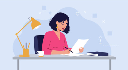 A woman is seated at a desk, focused on writing on a piece of paper, with a lamp, coffee cup, and book nearby. Suitable for landing page, banner, marketing, web design, presentation, infographic, etc.