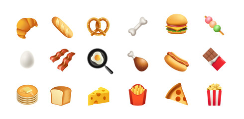 Food Icon Set. Symbols and emojis with fast food, pizza, burger, bacon, chocolate and ice cream. Design elements for social networks. Cartoon 3D vector illustration collection isolated on background