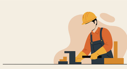 a construction worker wearing a hard hat and safety gear, actively engaged in a task at a workbench. Suitable for landing page, banner, marketing, web design, presentation, infographic, etc.