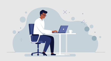 A man is sitting in an office chair at a desk, working on a laptop with a coffee mug nearby. Suitable for landing page, banner, marketing, web design, presentation, infographic, etc.