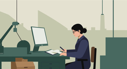 a woman sitting at a desk, working on a computer with a cityscape in the background. Suitable for landing page, banner, marketing, web design, presentation, infographic, etc.
