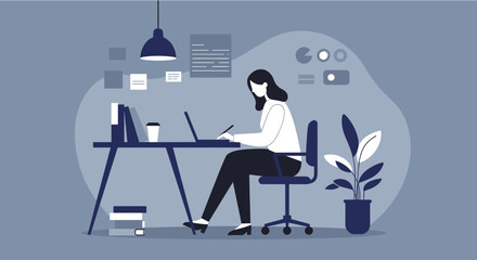 a woman seated at a desk, engrossed in work on a laptop, surrounded by a potted plant and a stack of books. Suitable for landing page, banner, marketing, web design, presentation, infographic, etc.