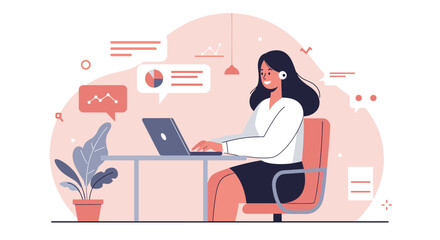 a woman seated at a desk, engrossed in work on a laptop, surrounded by various icons and speech bubbles. Suitable for landing page, banner, marketing, web design, presentation, infographic, etc.