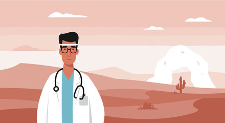 a doctor in a white coat and stethoscope standing in a desert landscape with mountains in the background. Suitable for landing page, banner, marketing, web design, presentation, infographic, etc.