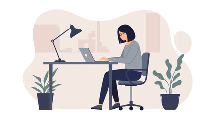 Flat design illustration of a woman working on a laptop at a desk with plants and a lamp, ideal for business presentations.