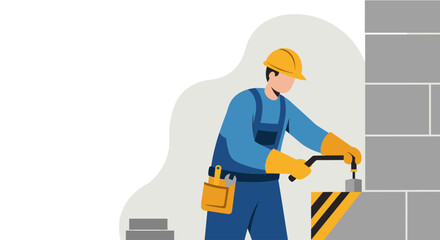 a construction worker wearing a hard hat and blue overalls, using a tool to work on a wall. Suitable for landing page, banner, marketing, web design, presentation, infographic, etc.