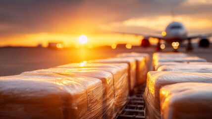 Shrink wrapped cargo pallets gleam in golden sunset light on an airport runway as a jetliner prepares for departure, embodying fast global air freight logistics and international trade efficiency.
