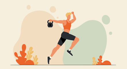 a person in an orange sports top and black shorts energetically jumping with a kettlebell in hand. Suitable for landing page, banner, marketing, web design, presentation, infographic, etc.