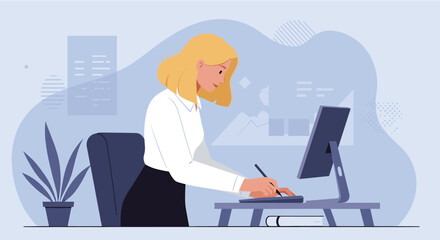 a woman working at a desk with a computer, surrounded by office decor and plants. Suitable for landing page, banner, marketing, web design, presentation, infographic, etc.