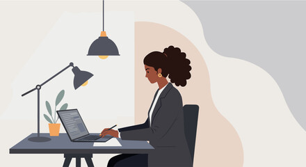 a woman sitting at a desk, working on a laptop, with a lamp and plant in the background. Suitable for landing page, banner, marketing, web design, presentation, infographic, etc.