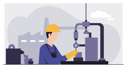 a worker in a blue uniform and yellow hard hat operating a machine with various mechanical components. Suitable for landing page, banner, marketing, web design, presentation, infographic, etc.