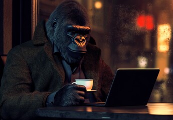 A stock photograph features a serious and angry gorilla engaged in work on a laptop in an office