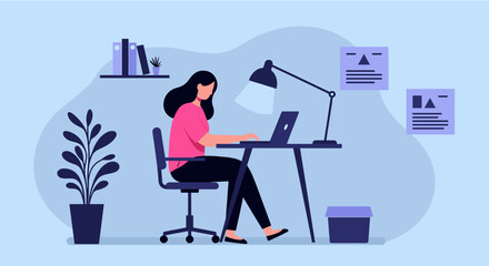 A woman is seated at a desk, working on a laptop with a lamp illuminating her workspace. Suitable for landing page, banner, marketing, web design, presentation, infographic, etc.